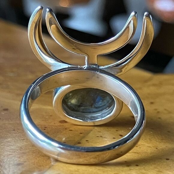 Natural Labradorite Sterling Silver Moon Motif Ring Size 8 - Picture 5 of 9